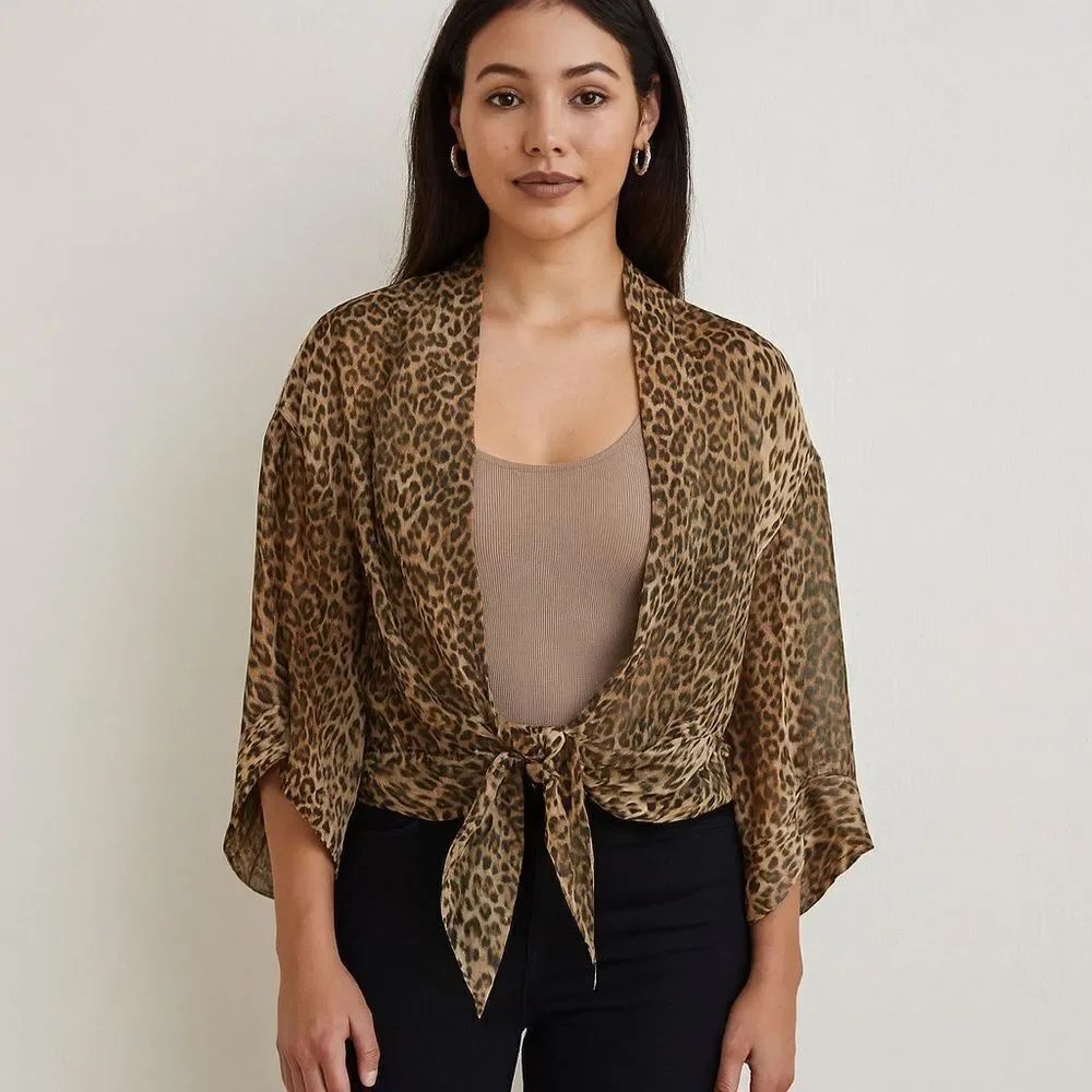 Leopard Print Sheer Tie Front Blouse Top One Size Feels Like Silk